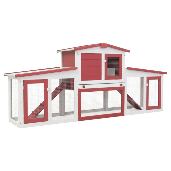 Deluxe Outdoor Wooden Rabbit Hutch in Red and White